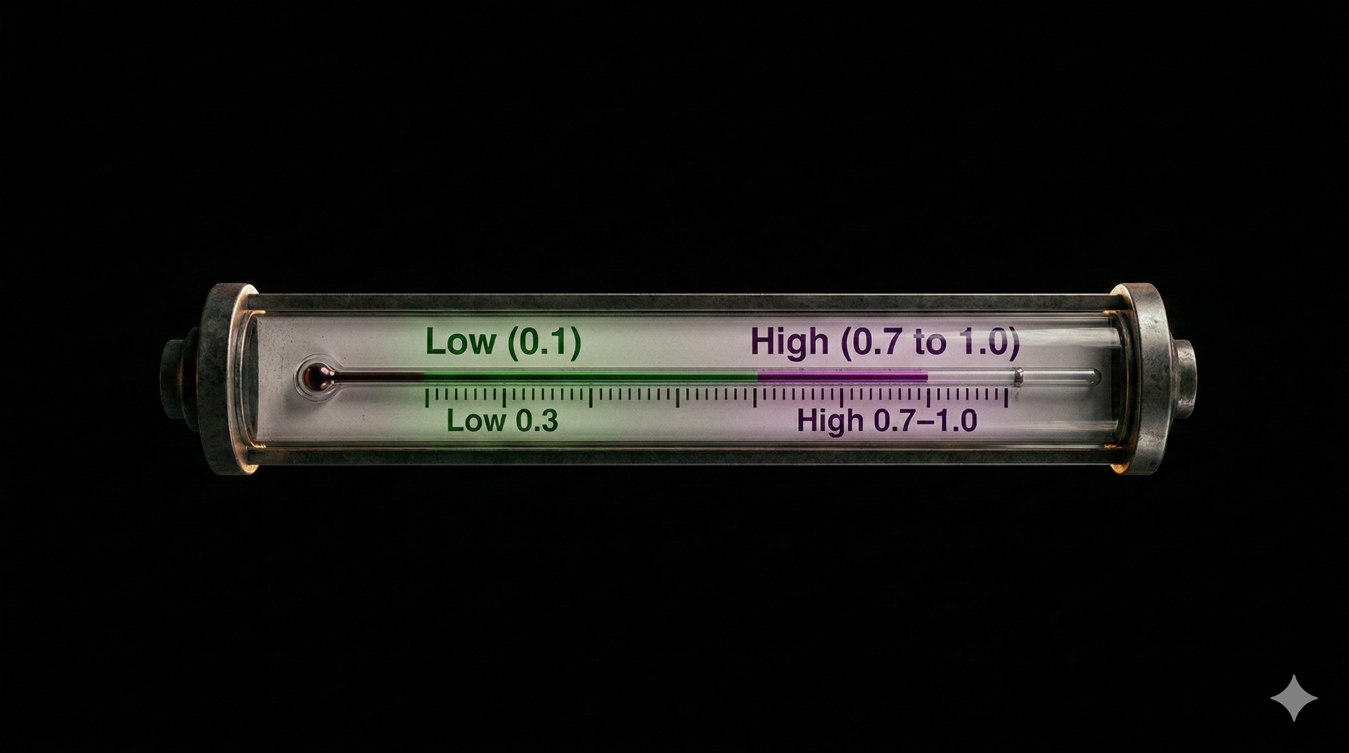AI temperature scale showing low 0.1 for predictable outputs to high 0.7 to 1.0 for creative outputs