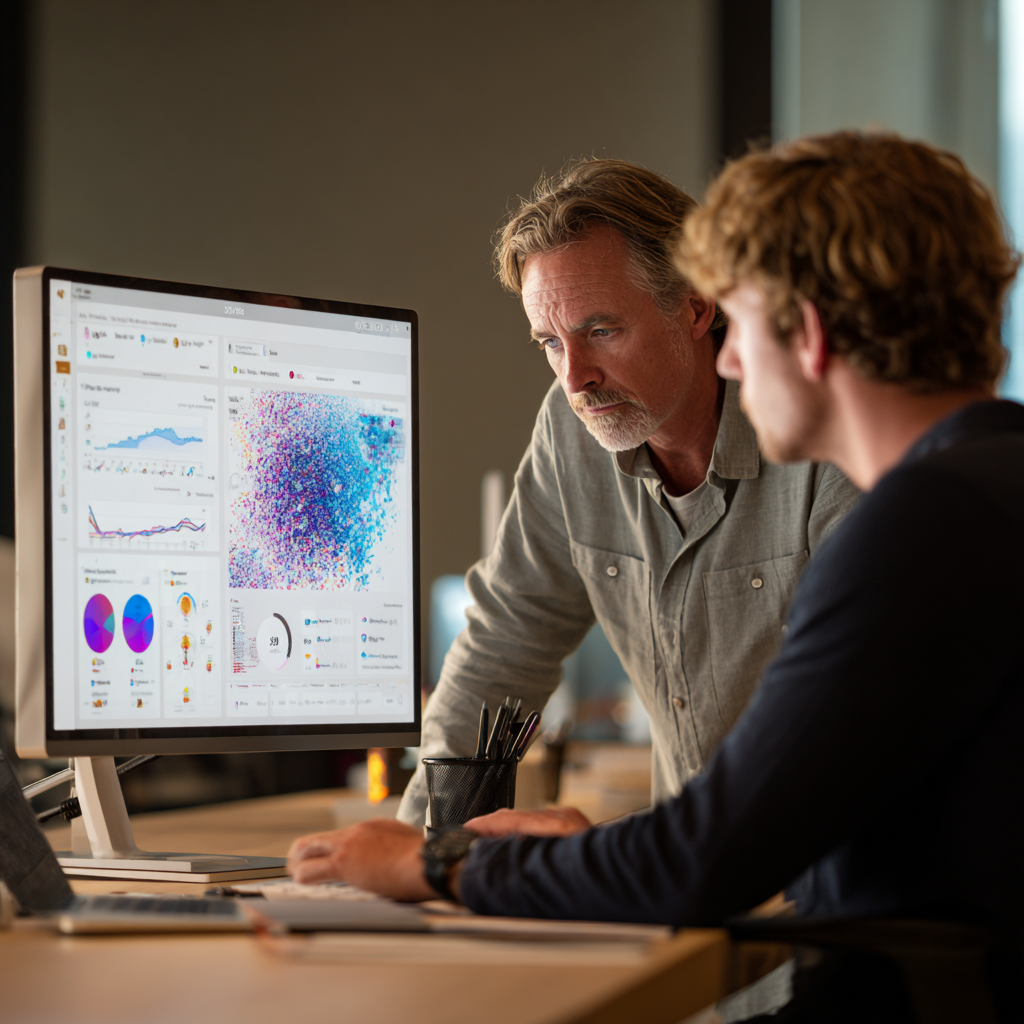 Professional reviewing AI-generated data analytics on screen