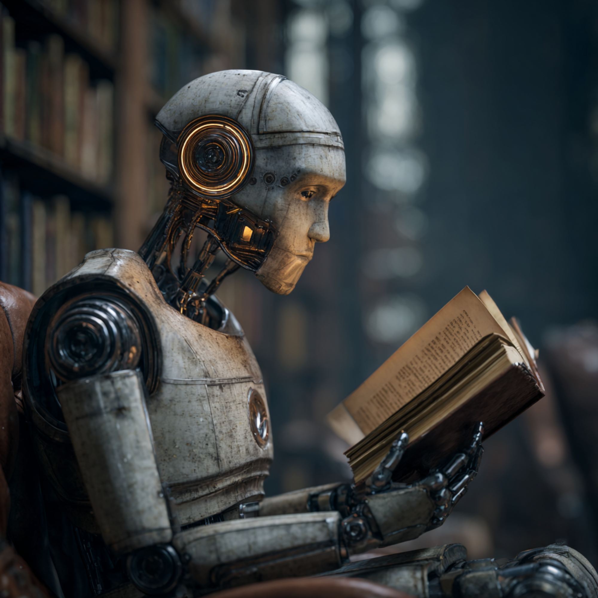 AI and research in social care, represented by a robot reading in a library